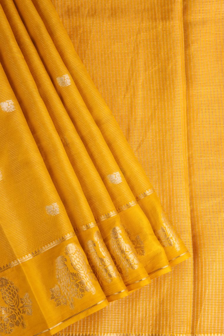 Merigold Orange Banaras Sarees with Gold Zari Peacock Motifs view 1