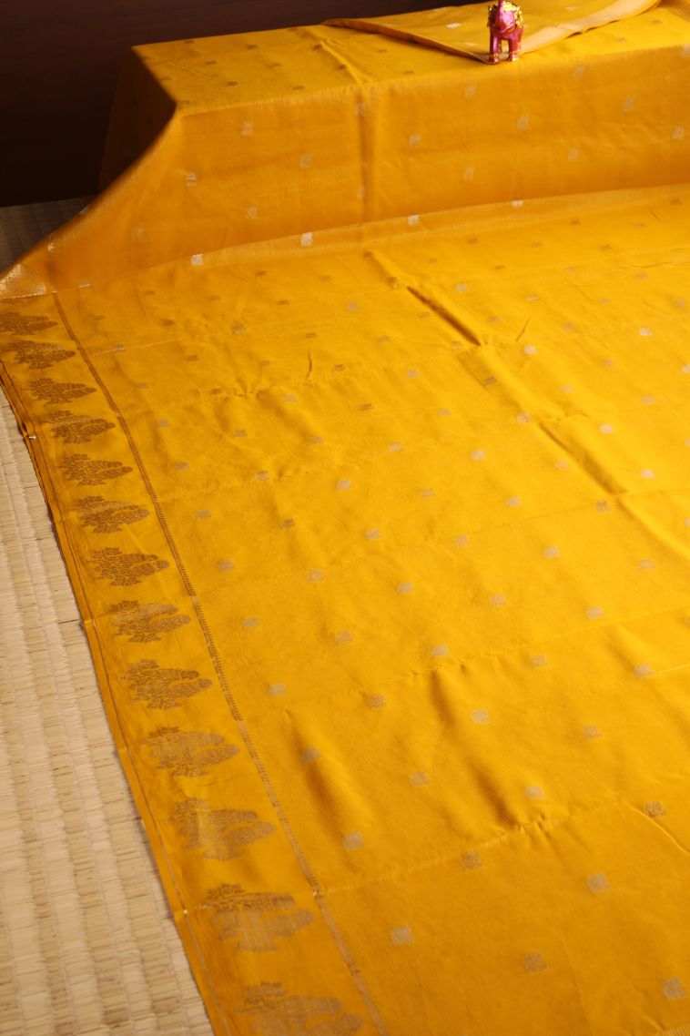 Merigold Orange Banaras Sarees with Gold Zari Peacock Motifs view 2