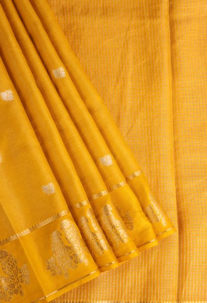 Merigold Orange Banaras Sarees with Gold Zari Peacock Motifs