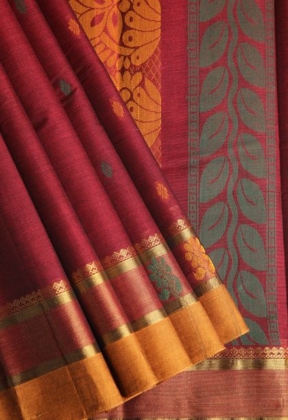 Berry Red Chettinad Cotton Sarees with Without Zari Zari Buttis (small Dots Or Motifs)