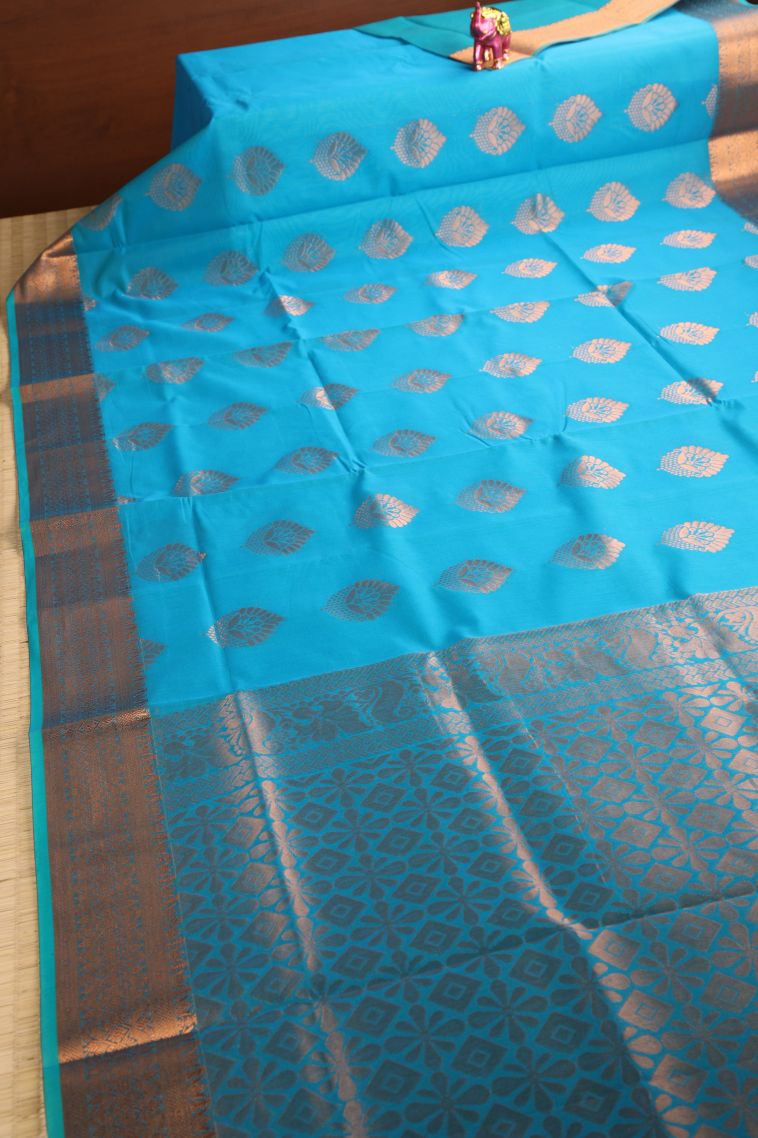 Cerulean Blue Silk Cotton with Gold Zari Floral Puttas view 2