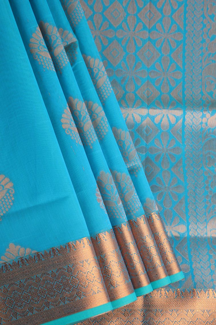 Cerulean Blue Silk Cotton with Gold Zari Floral Puttas view 1