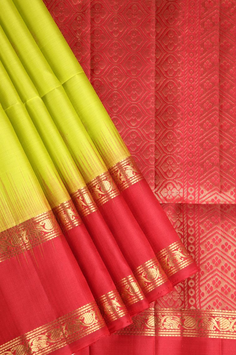 Chartreuse Green Soft Silk Saree with Gold Zari Floral Puttas