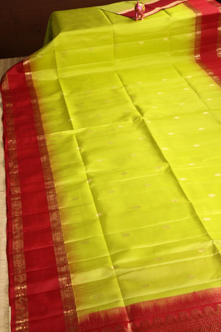 Chartreuse Green Soft Silk Saree with Gold Zari Floral Puttas view 2