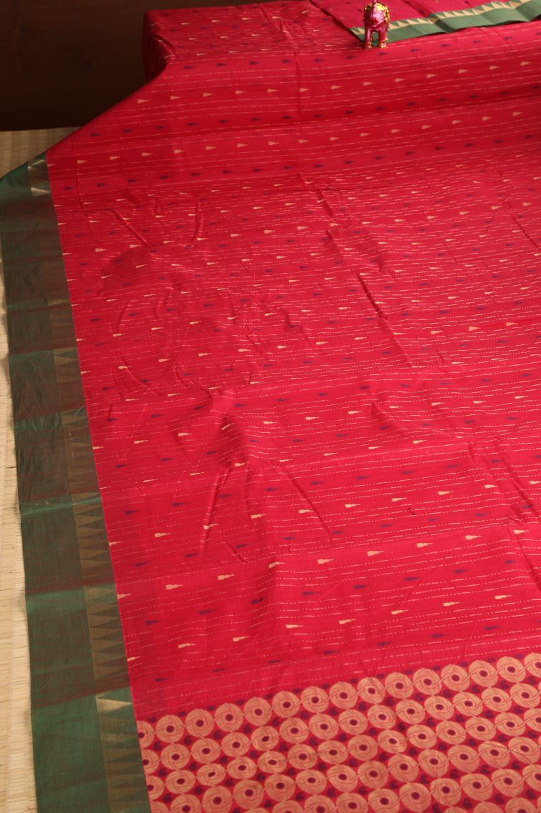 Rose  Red Chettinad Cotton Sarees with Without Zari Zari Temple Pattern view 2