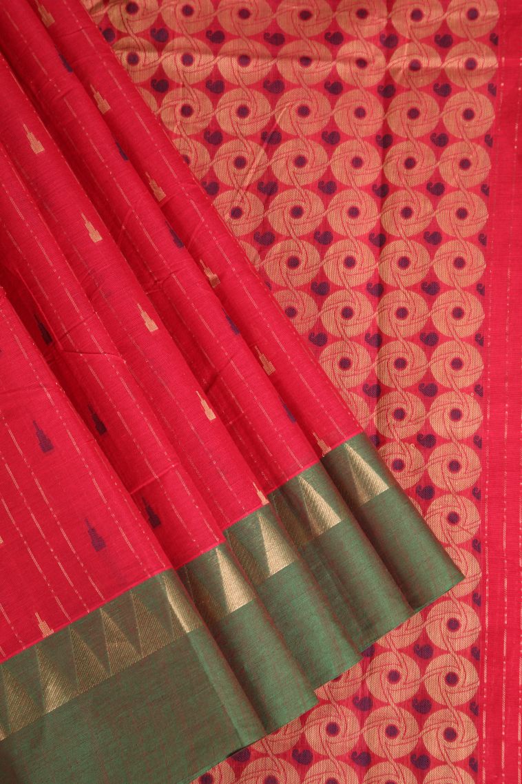 Rose  Red Chettinad Cotton Sarees with Without Zari Zari Temple Pattern view 1