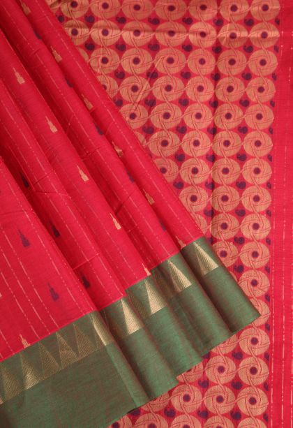 Rose  Red Chettinad Cotton Sarees with Without Zari Zari Temple Pattern