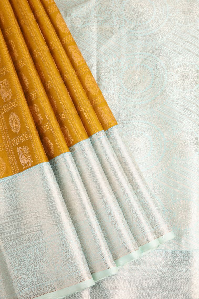 Sepia Yellow Apoorva Silk Sarees with Gold Zari Checks And Puttas view 1
