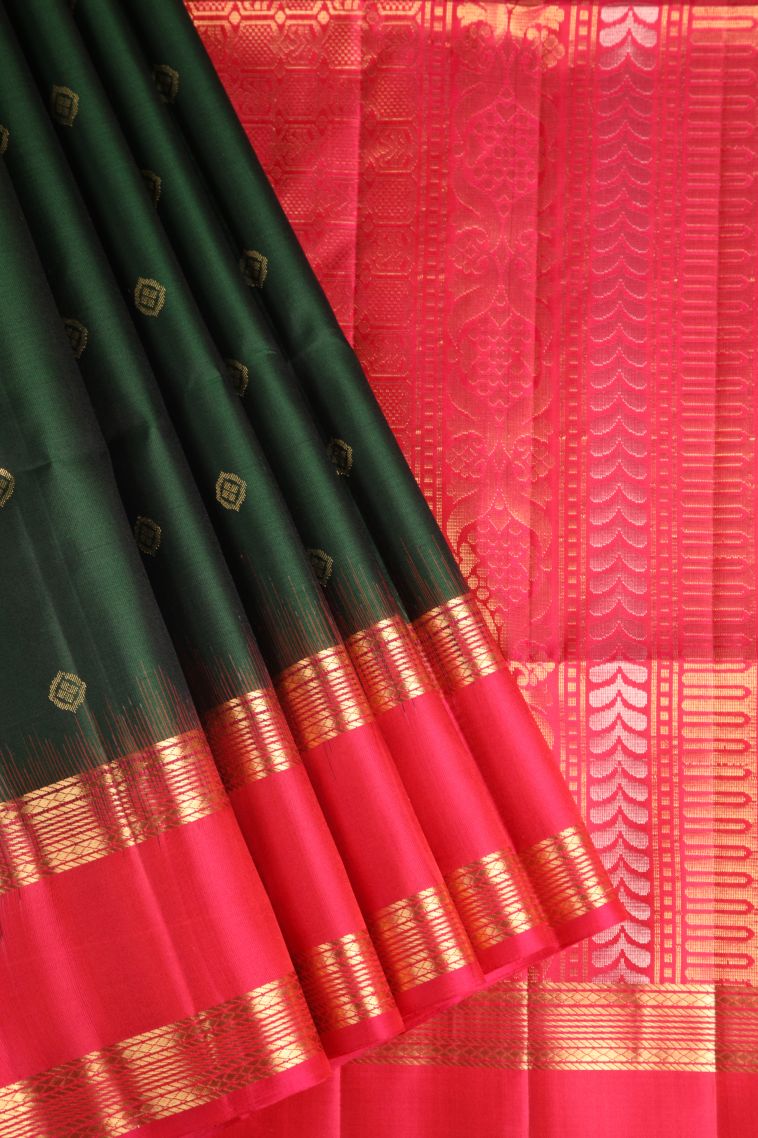 Bottle Green Soft Silk Saree with Gold Zari Floral Puttas view 1