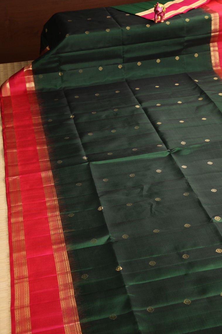 Bottle Green Soft Silk Saree with Gold Zari Floral Puttas view 2