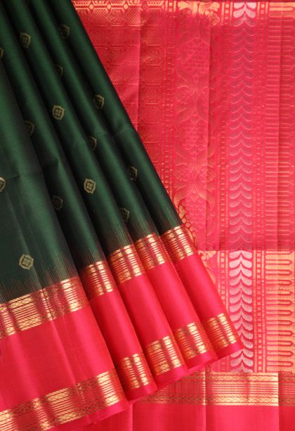 Bottle Green Soft Silk Saree with Gold Zari Floral Puttas