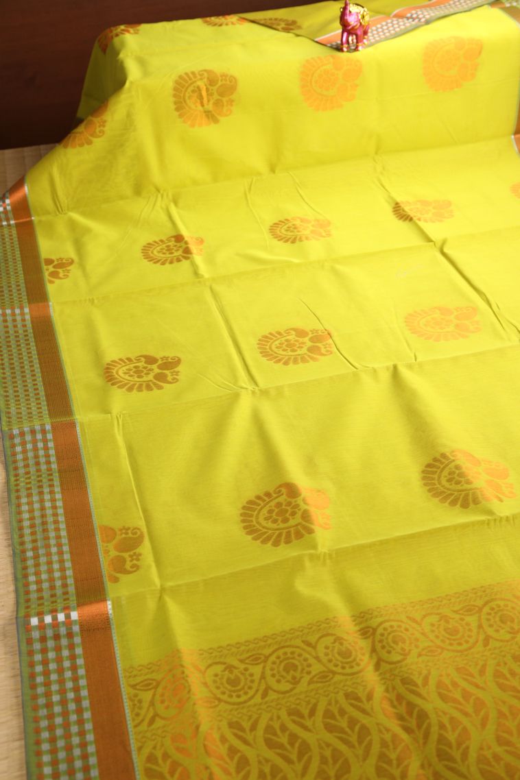 Lime Green Silk Cotton with Gold Zari Floral Puttas view 2