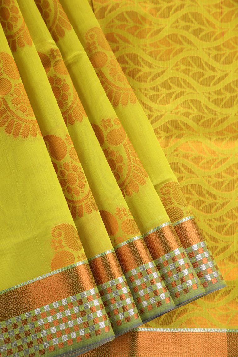 Lime Green Silk Cotton with Gold Zari Floral Puttas