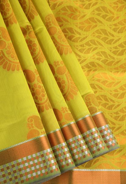 Lime Green Silk Cotton with Gold Zari Floral Puttas