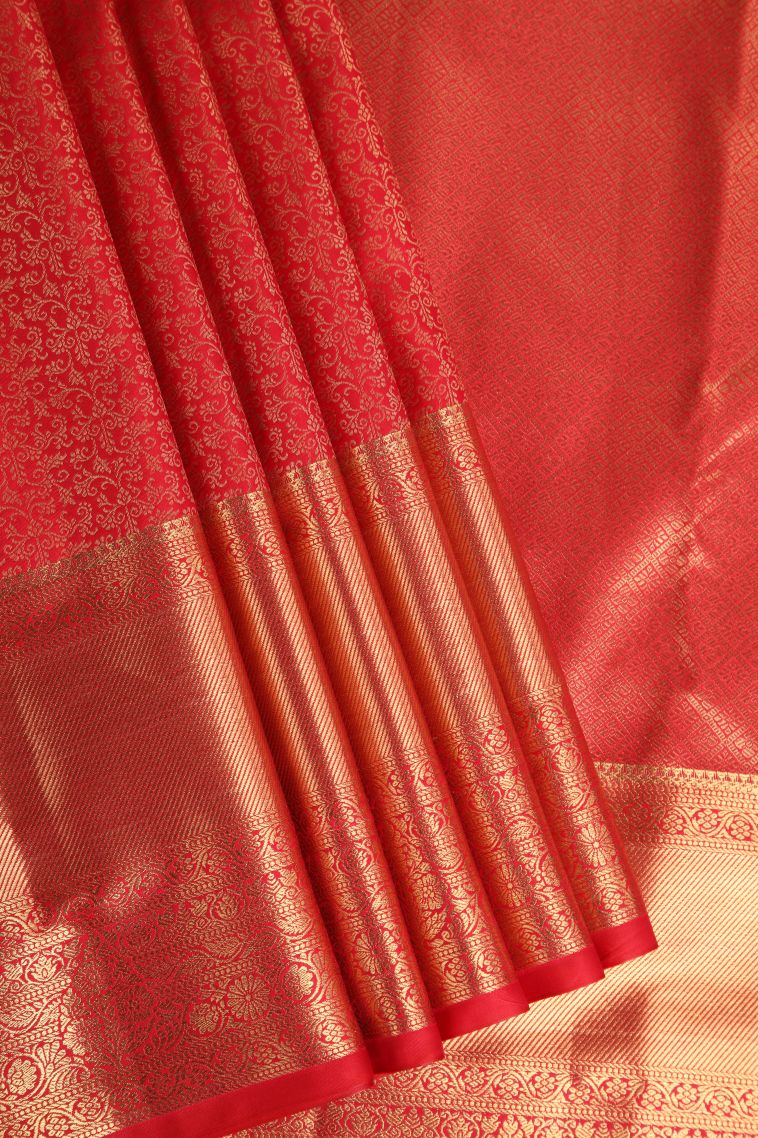 Candy Red Apoorva Silk Sarees with Gold Zari Floral Patterns view 1