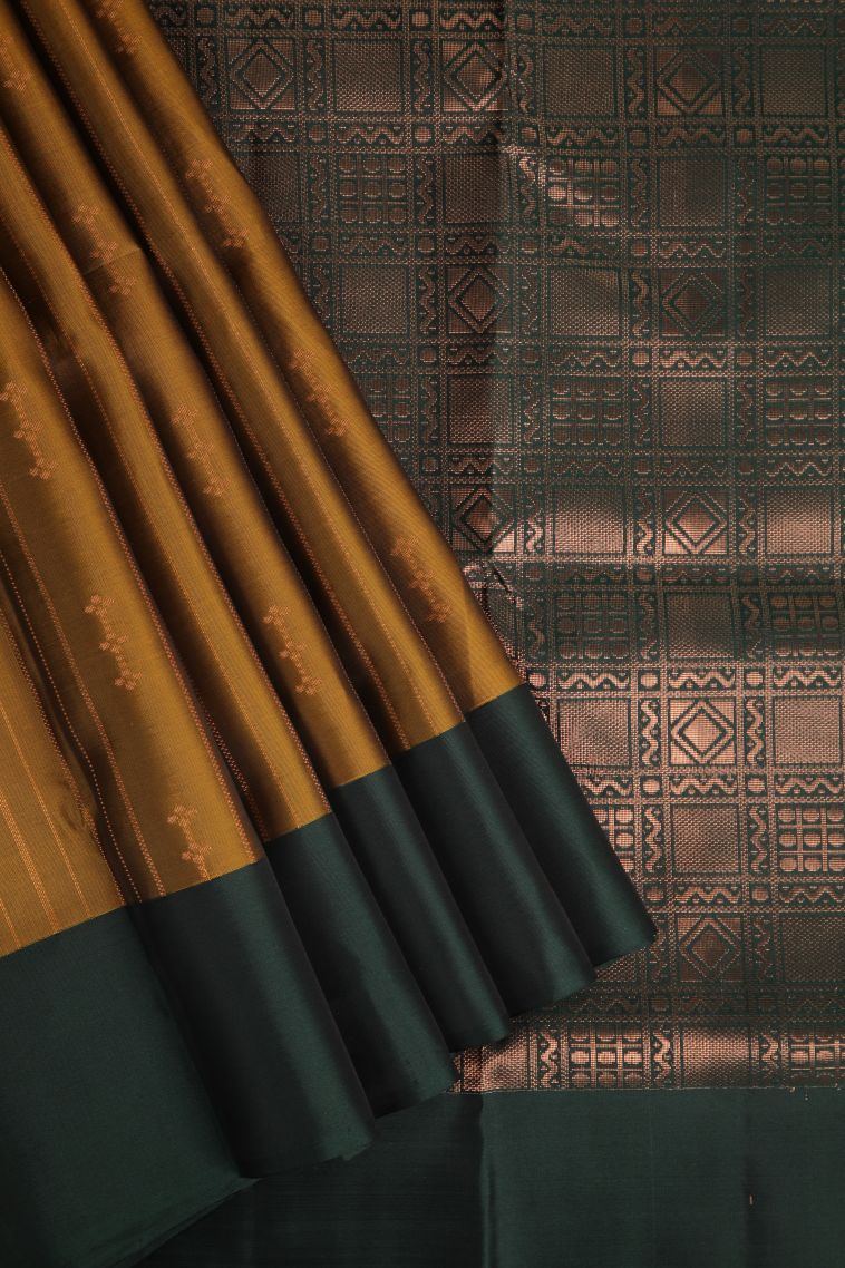 Rich Gold Soft Silk Saree with Copper Zari Stripes view 1