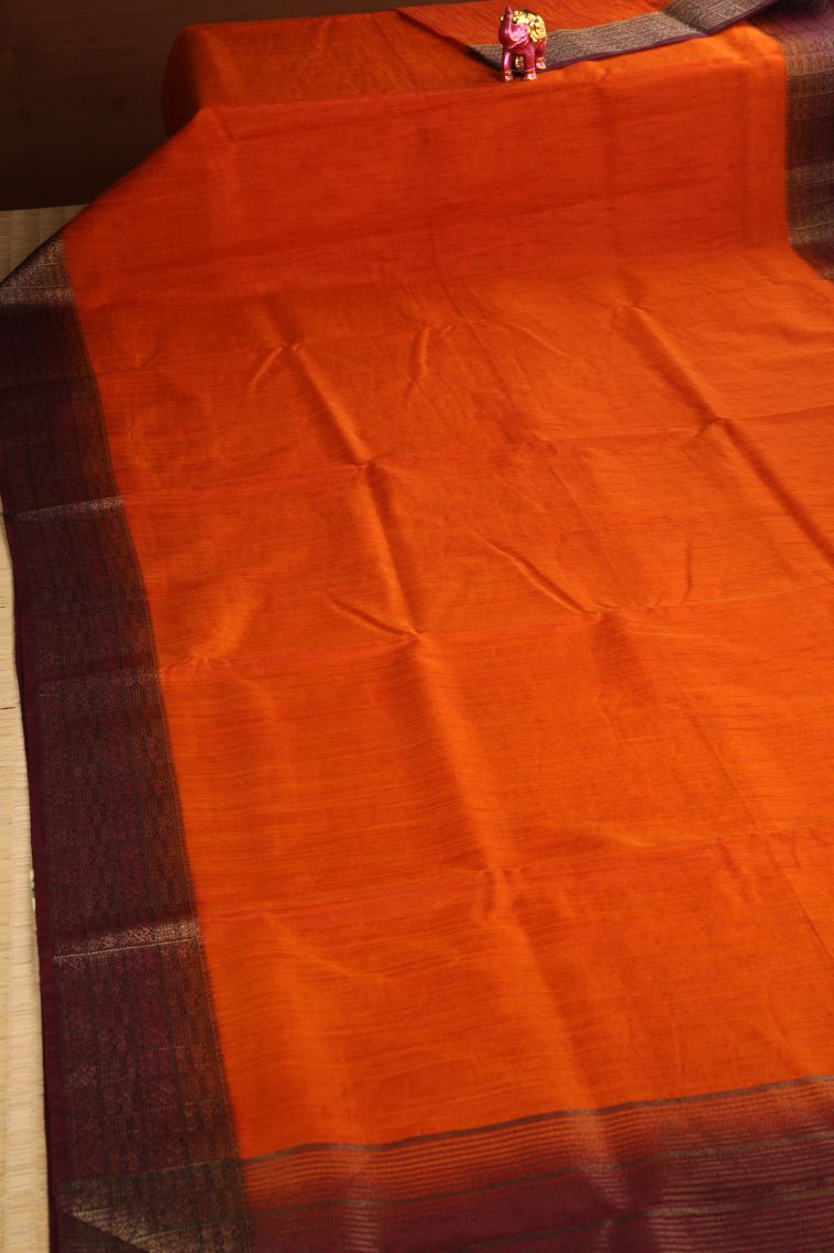 Fire Orange Semi Tussar Silk with Gold Zari Plain view 2