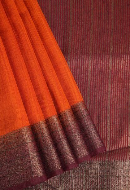 Fire Orange Semi Tussar Silk with Gold Zari Plain
