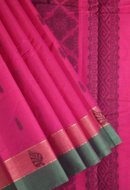 Magenta  Pink Chettinad Cotton Sarees with Without Zari Zari Buttis (small Dots Or Motifs)