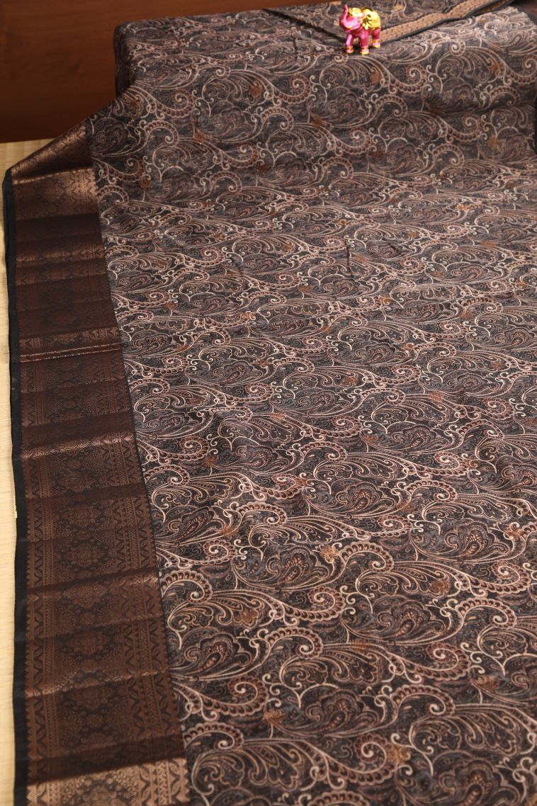Eel Black Jute Sarees with Antic Zari Floral Patterns view 2