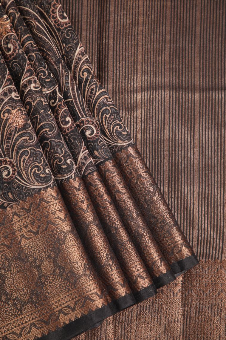 Eel Black Jute Sarees with Antic Zari Floral Patterns view 1