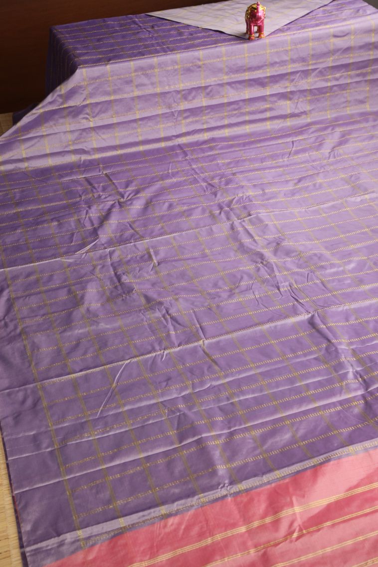 Heather Purple Soft Silk Saree with Gold Zari Checks view 2