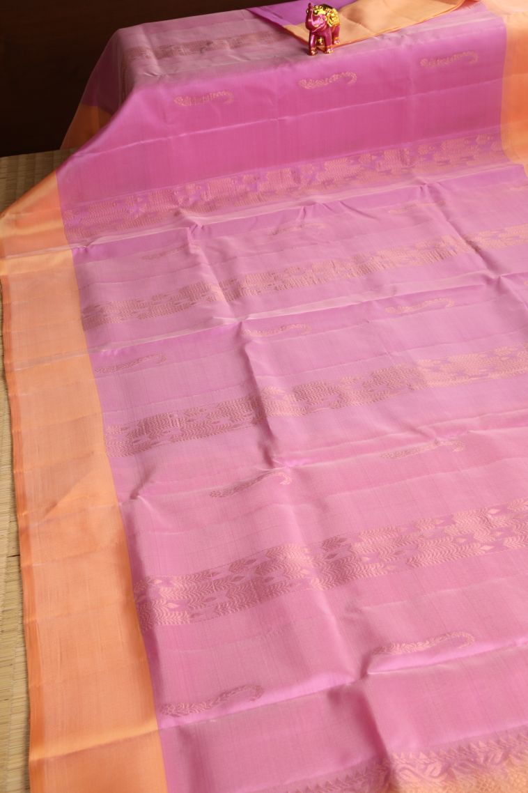 Ballet Pink Soft Silk Saree with Copper Zari Floral Patterns view 2