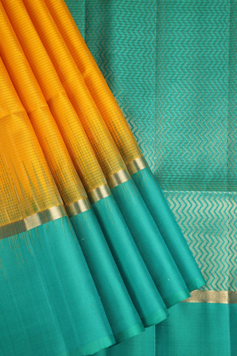 Merigold Orange Soft Silk Saree with Gold Zari Raindrops Model view 1