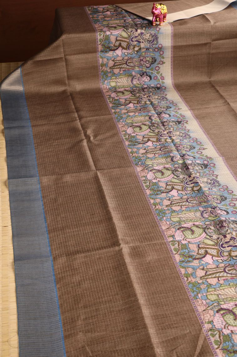 Peanut Brown Semi Tussar Silk with Gold Zari Kalam Kari Pattern view 2