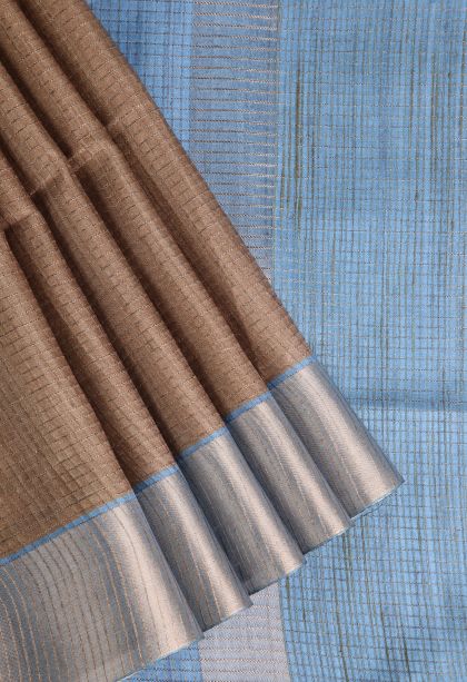 Peanut Brown Semi Tussar Silk with Gold Zari Kalam Kari Pattern