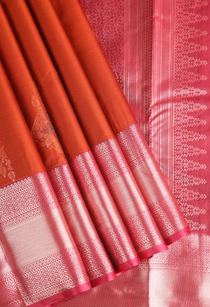 Cherry  Red Apoorva Silk Sarees with Copper Zari Floral Puttas