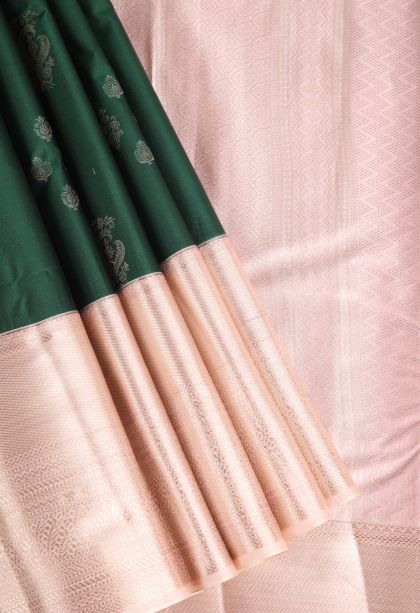 Basil Green Apoorva Silk Sarees with Gold Zari Floral Puttas