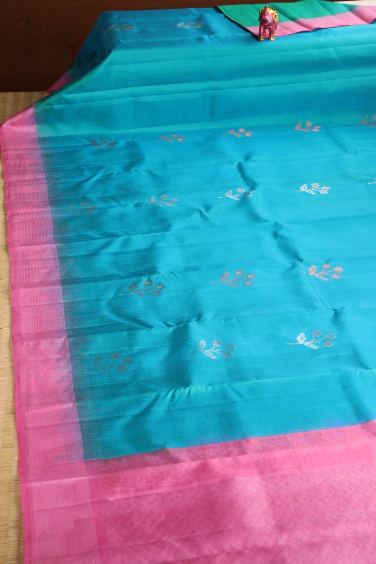 Sky Blue Soft Silk Saree with Gold Zari Floral Puttas view 2