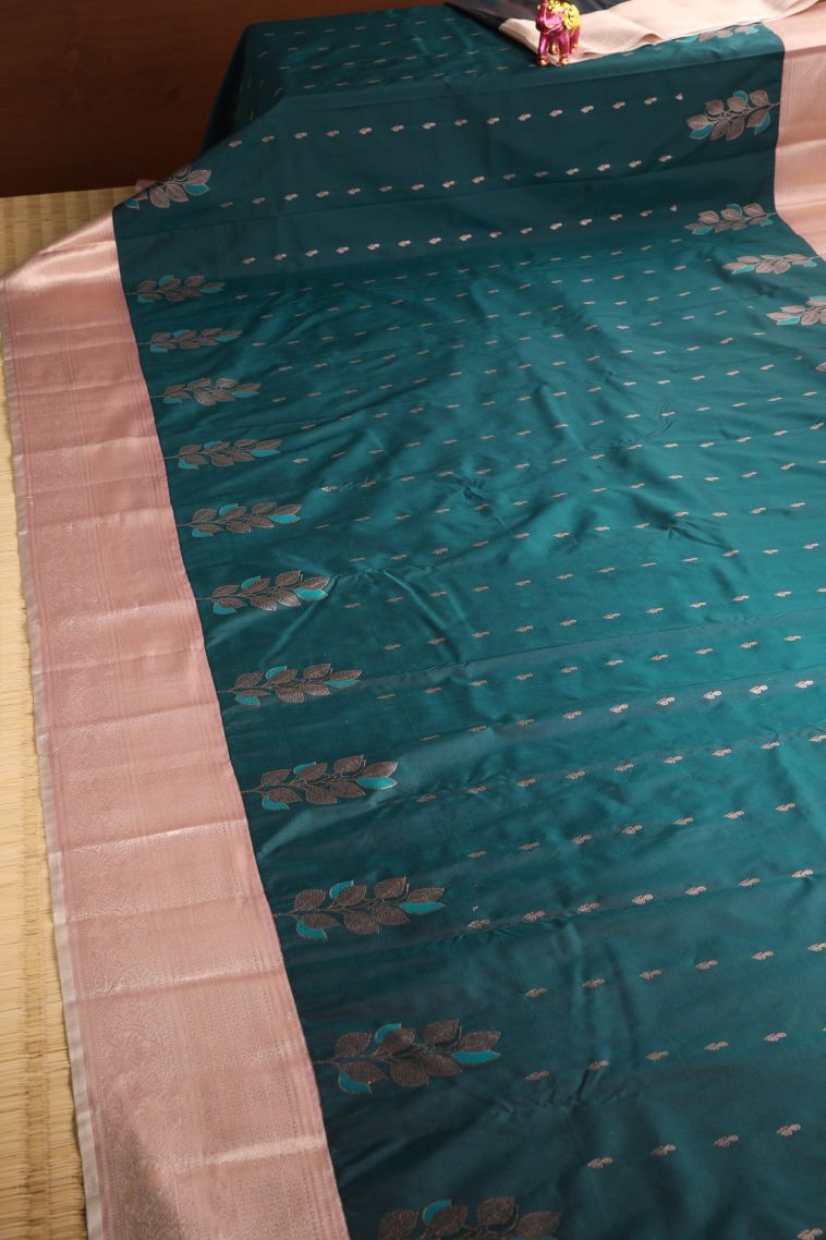 Ocean Blue Apoorva Silk Sarees with Gold Zari Buttis (small Dots Or Motifs) view 2