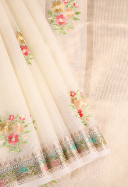 Alabaster White Manipuri Cotton Sarees with Gold Zari Embroidary