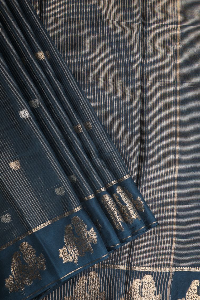 Aegean Blue Banaras Sarees with Gold Zari Peacock Motifs view 1