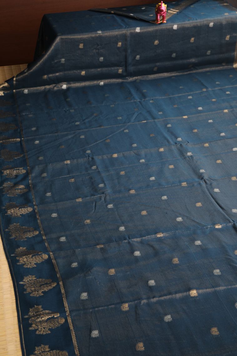 Aegean Blue Banaras Sarees with Gold Zari Peacock Motifs view 2