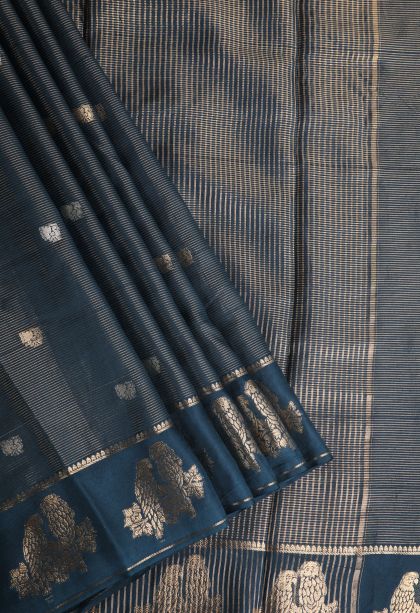 Aegean Blue Banaras Sarees with Gold Zari Peacock Motifs