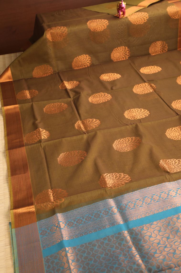 Peanut Brown Silk Cotton with Gold Zari Floral Puttas view 2