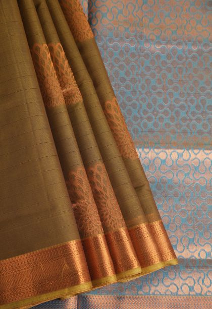 Peanut Brown Silk Cotton with Gold Zari Floral Puttas