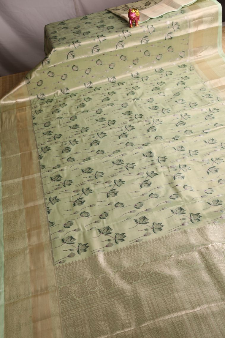 Olive Green Tissue Silk Sarees with Gold Zari Floral Patterns view 2