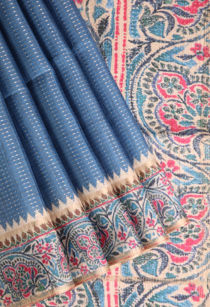 Daffane Blue Semi Tussar Silk with Gold Zari Vaira Oosi