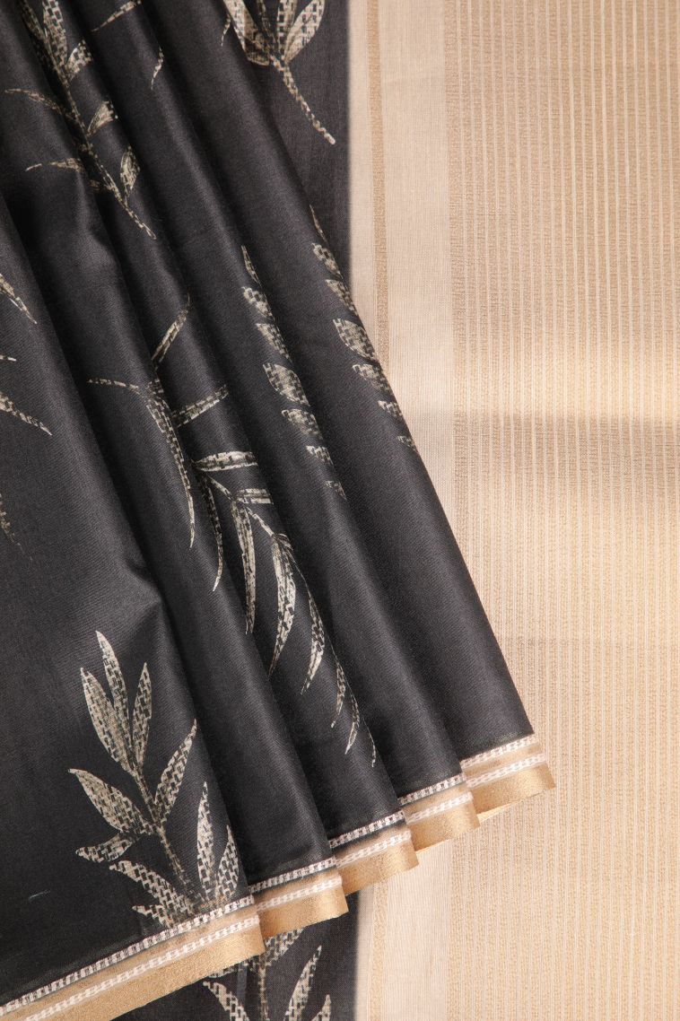 Asphalt Black Semi Tussar Silk with Gold Zari Floral Patterns view 1