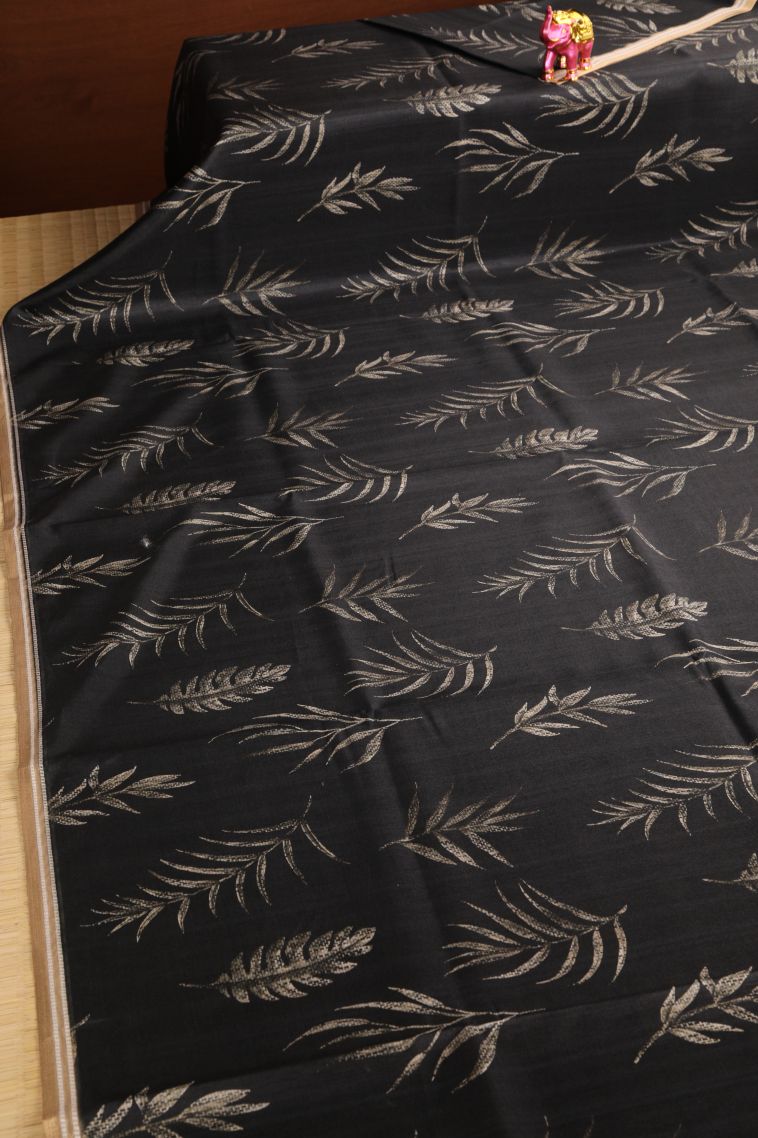 Asphalt Black Semi Tussar Silk with Gold Zari Floral Patterns view 2