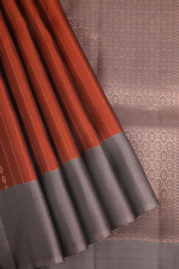 Rust Orange Soft Silk Saree with Copper Zari Buttis (small Dots Or Motifs) view 1