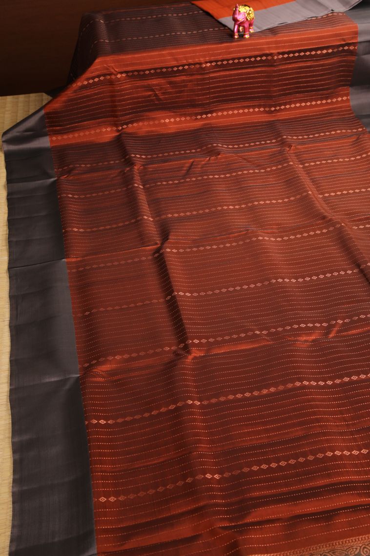 Rust Orange Soft Silk Saree with Copper Zari Buttis (small Dots Or Motifs) view 2