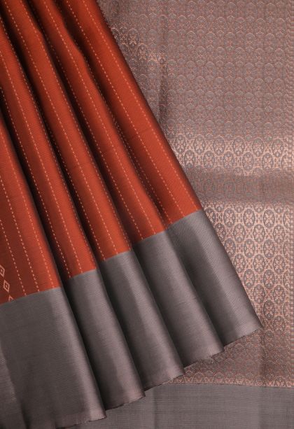Rust Orange Soft Silk Saree with Copper Zari Buttis (small Dots Or Motifs)