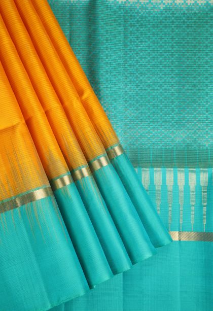 Merigold Orange Soft Silk Saree with Gold Zari Raindrops Model