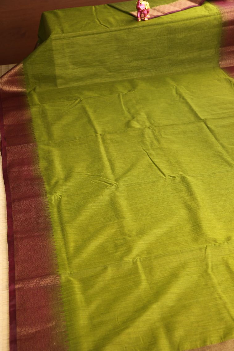 Olive Green Semi Tussar Silk with Gold Zari Plain view 2