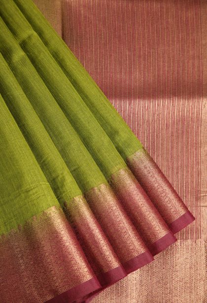 Olive Green Semi Tussar Silk with Gold Zari Plain